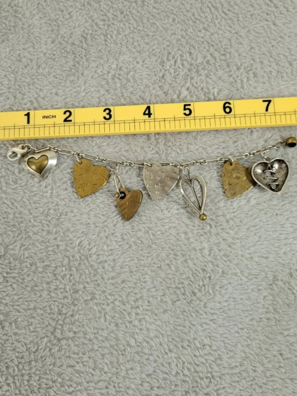 Artisan Mixed Metal Heart Charm Bracelet Sterling Silver Brass Multi-Charm B13E